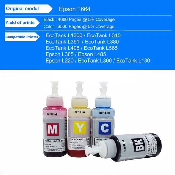 Ink Refill For Epson T664 Compatible EcoTank 4 Color